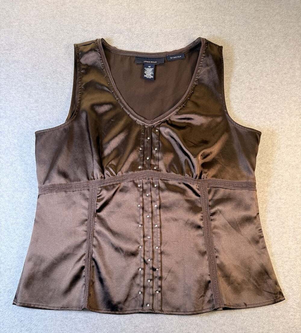 Jones Wear Brown Satin Stretch Rhinestone Embellished Babydoll Tank Top Size 12